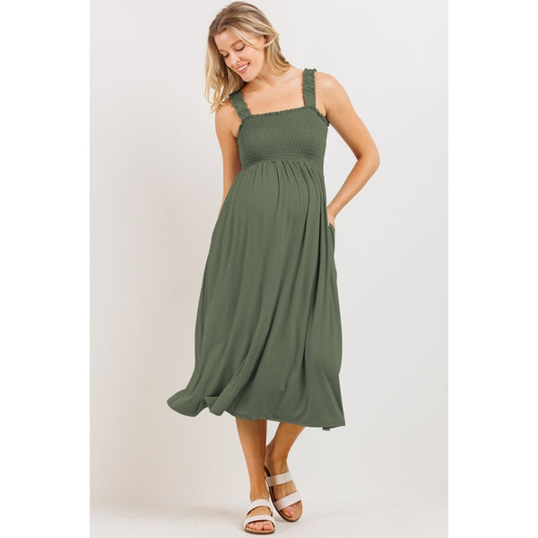 Smocked Bodice Maternity Jersey Midi Dress - Olive