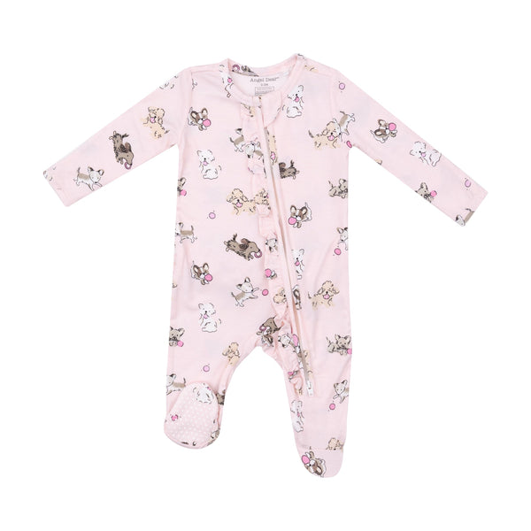 Bamboo Ruffle Back Zipper Footie - Fluffy Puppies