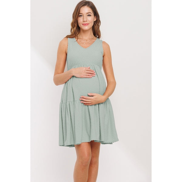 Swiss Dot Ruffle Hem Maternity V-Neck Mini Dress - Sage