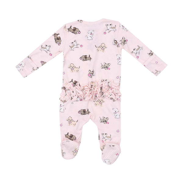 Bamboo Ruffle Back Zipper Footie - Fluffy Puppies