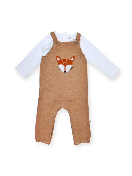 Furry Fox Knit Overall Romper with Bodysuit Set - Oat Heather