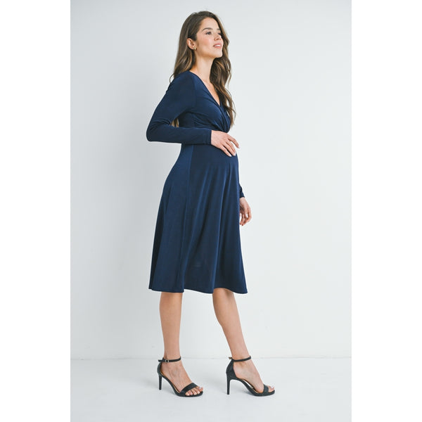 Surplice Wrap Long Sleeve Maternity Nursing Dress - Navy