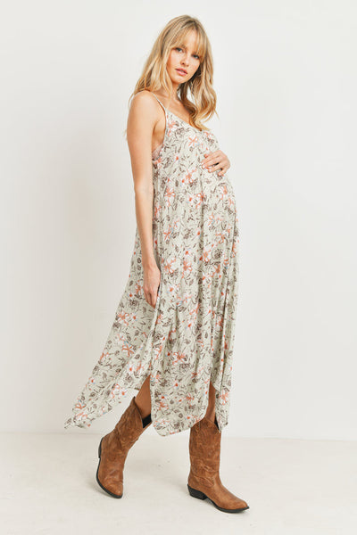 Floral Spaghetti Strap Maternity Midi Slip Dress - Sage