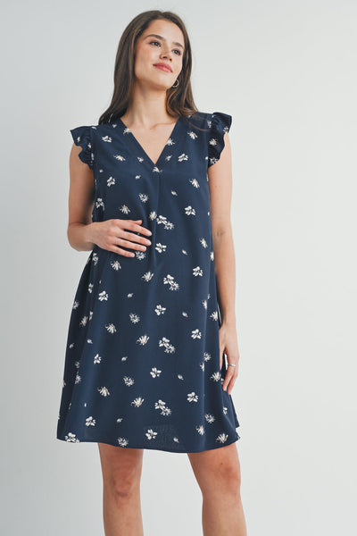 Floral Ruffle Cap Sleeve Maternity V-Neck Dress - Navy