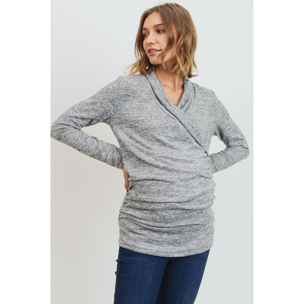 Surplice Knit Wrap Long Sleeve Nursing Top - Heather Gray