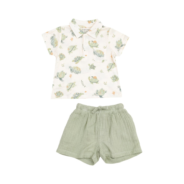 Polo Shirt and Muslin Short - Sea Turtles Rib