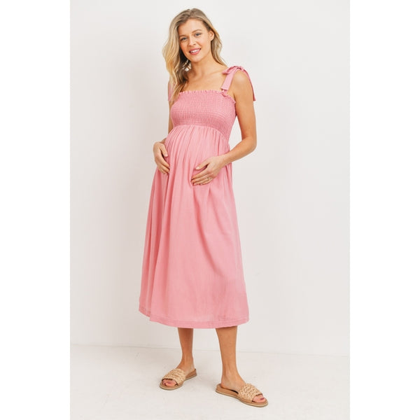 Tie Shoulder Smocked Maternity Midi Dress - Pink