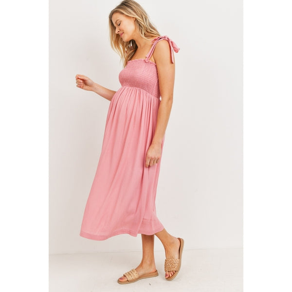 Tie Shoulder Smocked Maternity Midi Dress - Pink