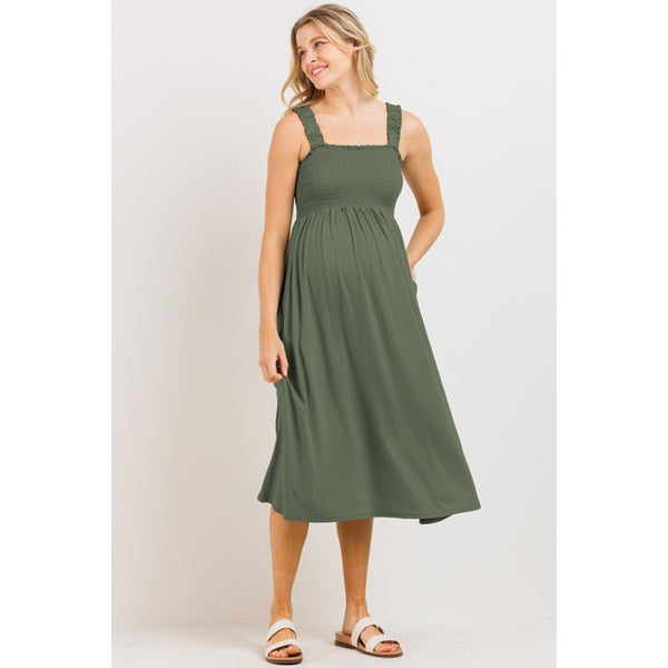 Smocked Bodice Maternity Jersey Midi Dress - Olive