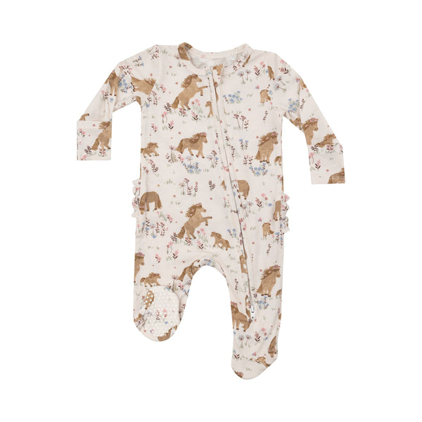 Bamboo Ruffle Back Zipper Footie - Pretty Ponies