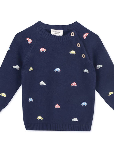 Mini Beetle Cars Embroidered Baby Sweater