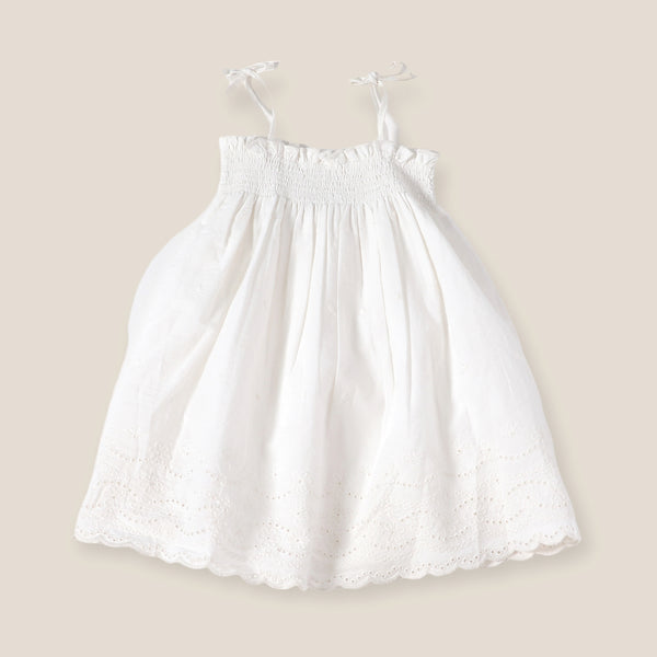 Camille Schiffli Smocked Baby Dress + Bloomer - Off White