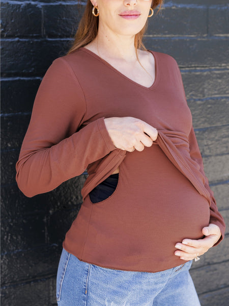 Ribbed Maternity & Nursing Long Sleeve Shirt - Redwood