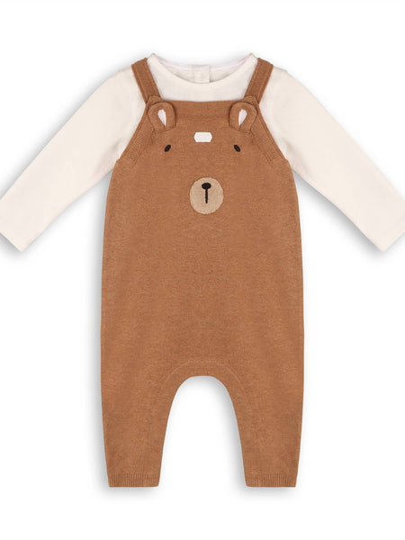 Bear Knit Overall Romper with Bodysuit Set - Chai Spice