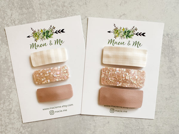 Set of 3 Snap Clips - Neutral Sand, Champagne, and Glitter