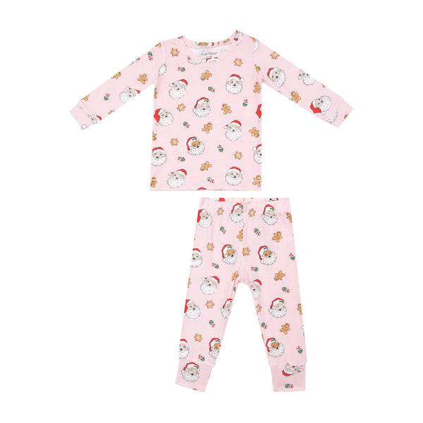 Long Sleeve Bamboo Loungewear Set - Pink Vintage Santas with Gingerbread