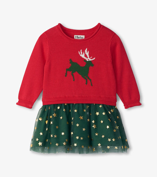 Holiday Reindeer Drop Waist Sweater Knit Dress