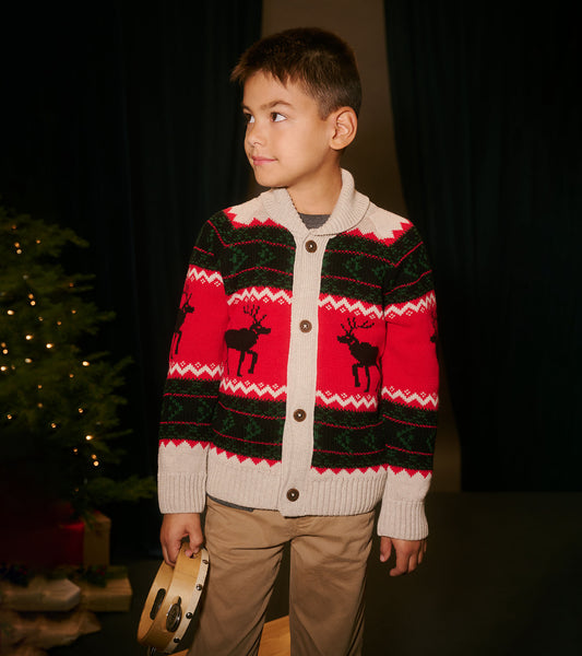 Holiday Elks Shawl Collar Cardigan - Oatmeal Melange