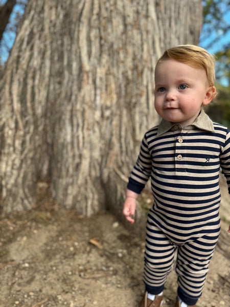 Kingston Polo Romper - Navy/Beige Stripe