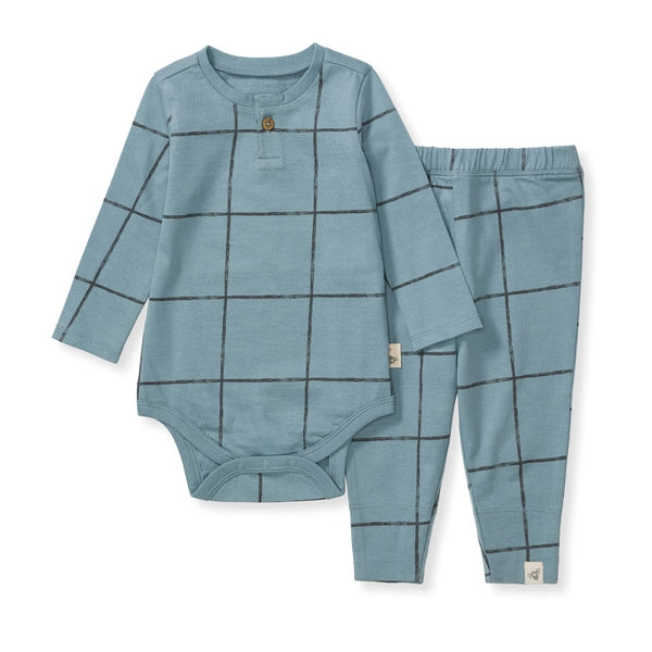 Organic Cotton Swiss Check Bodysuit & Pant Set - Muted Blue