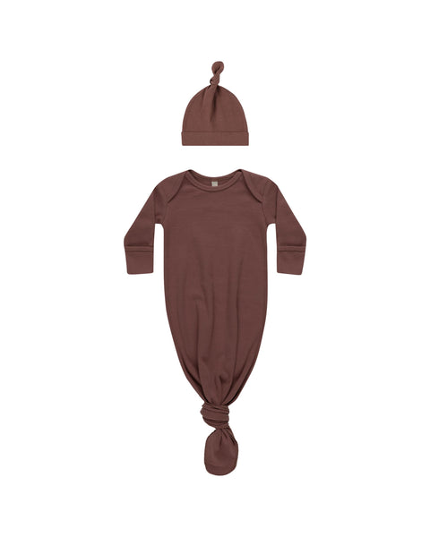 Knotted Baby Gown + Hat Set - Plum