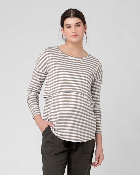 Lionel Long Sleeve Nursing Tee - Taupe/White