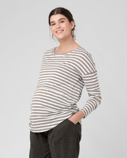 Lionel Long Sleeve Nursing Tee - Taupe/White