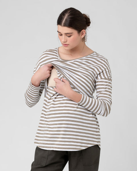 Lionel Long Sleeve Nursing Tee - Taupe/White