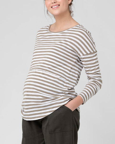 Lionel Long Sleeve Nursing Tee - Taupe/White