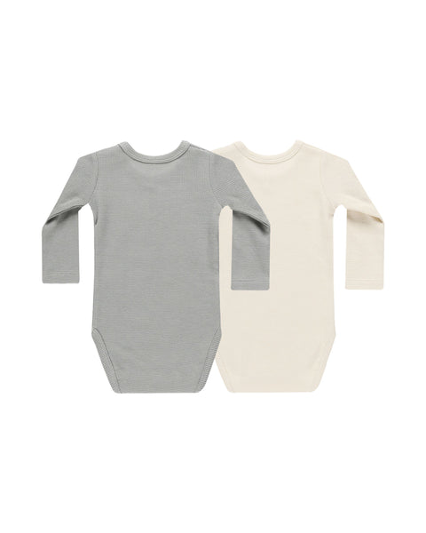 Waffle Long Sleeve Bodysuit (Set of 2) - Natural, Dusty Blue