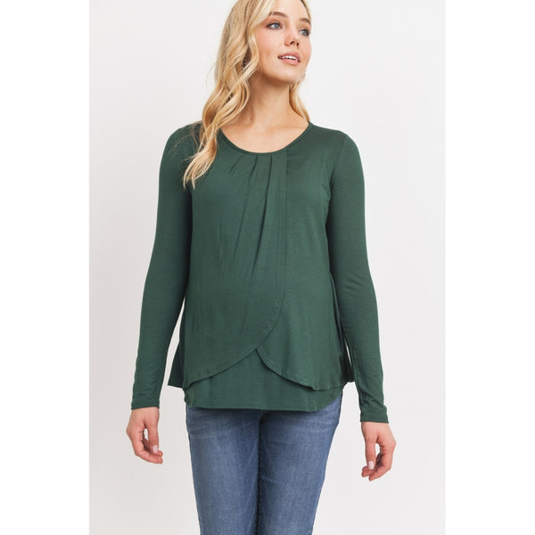 Overlap Jersey Knit Nursing Long Sleeve Top - Hunter Green