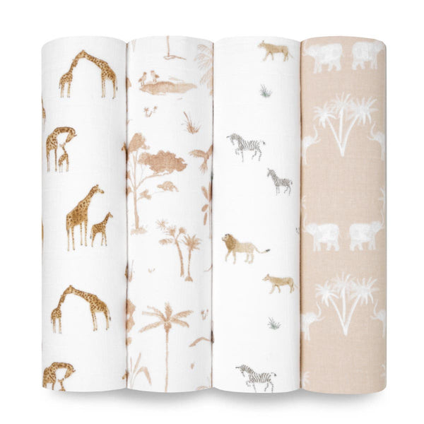 Organic Cotton Muslin Swaddles (4 Pack) - Safari Dreams