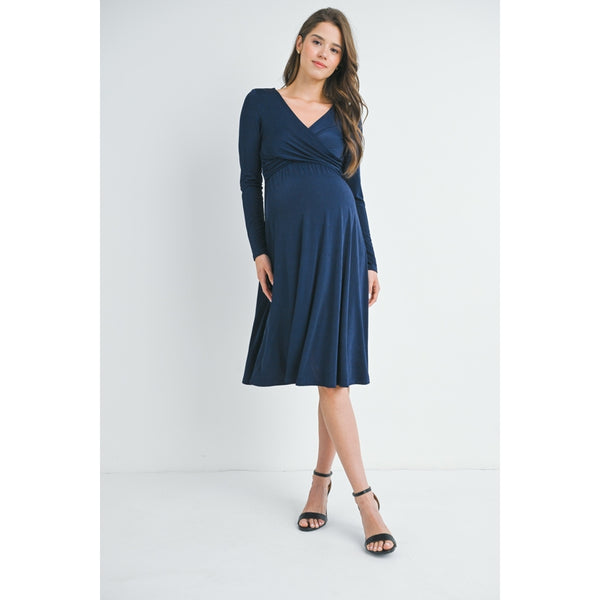 Surplice Wrap Long Sleeve Maternity Nursing Dress - Navy