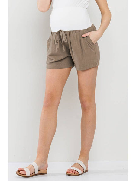 Solid Maternity Shorts with Pockets and Drawstring - Taupe