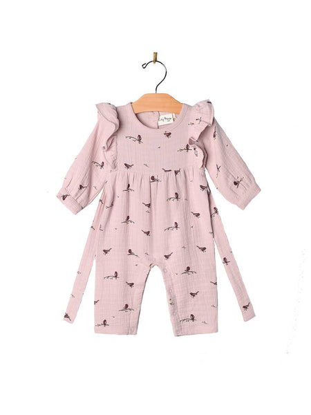 Muslin Flutter Sleeve Long Romper - Lavender Birds