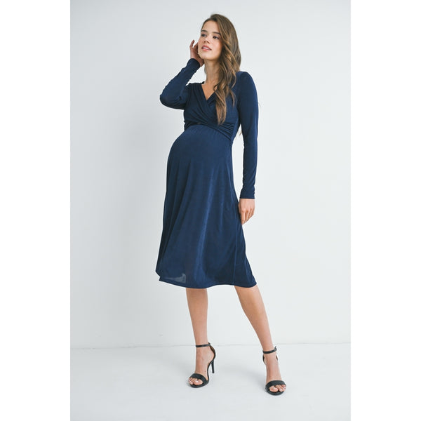 Surplice Wrap Long Sleeve Maternity Nursing Dress - Navy