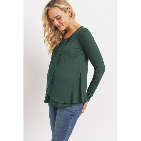 Overlap Jersey Knit Nursing Long Sleeve Top - Hunter Green