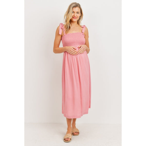 Tie Shoulder Smocked Maternity Midi Dress - Pink