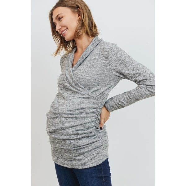 Surplice Knit Wrap Long Sleeve Nursing Top - Heather Gray