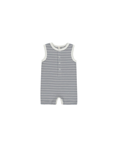 Ribbed Henley Romper - Blue Pinstripe