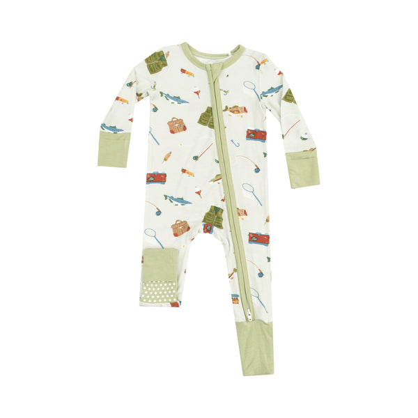 Bamboo Zipper Romper - Fishing Things Green