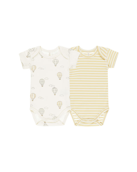 Short Sleeve Bodysuit (Set of 2) - Hot Air Balloons, Yellow Stripe