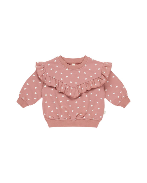 Ruffle Fleece Sweatshirt - Tiny Hearts - Lipstick