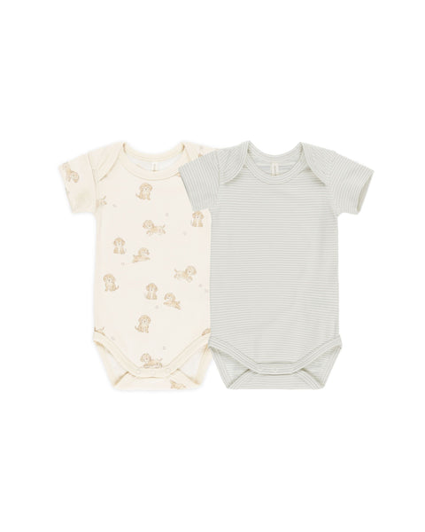 Short Sleeve Bodysuit (Set of 2) - Puppies, Sky Micro Stripe