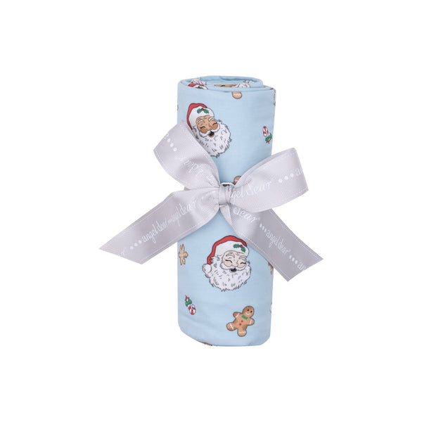 Bamboo Swaddle Blanket - Blue Vintage Santas with Gingerbread