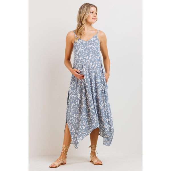 Floral Printed Uneven Hem Maternity Dress - Chambray